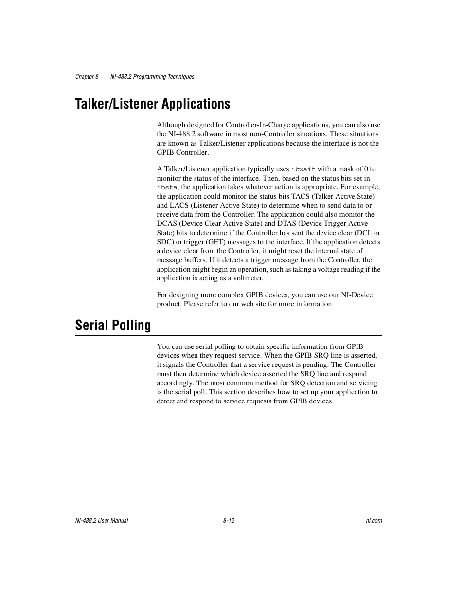 Talker/listener applications, Serial polling | National Instruments NI-488.2 User Manual | Page 84 / 134