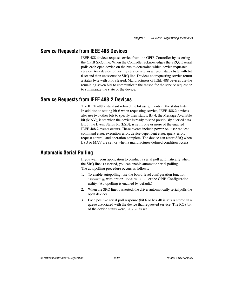 Service requests from ieee 488 devices, Service requests from ieee 488.2 devices, Automatic serial polling | National Instruments NI-488.2 User Manual | Page 85 / 134