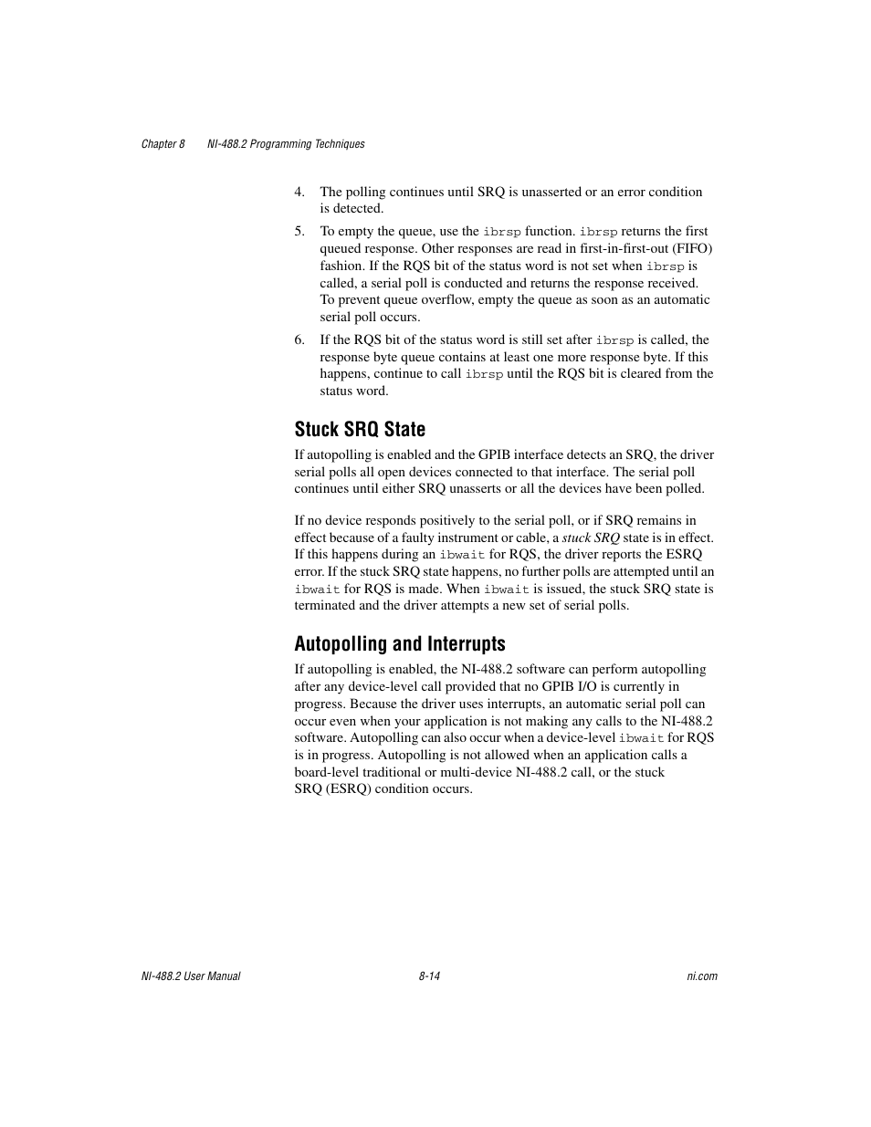 Stuck srq state, Autopolling and interrupts, Stuck srq state -14 autopolling and interrupts -14 | National Instruments NI-488.2 User Manual | Page 86 / 134