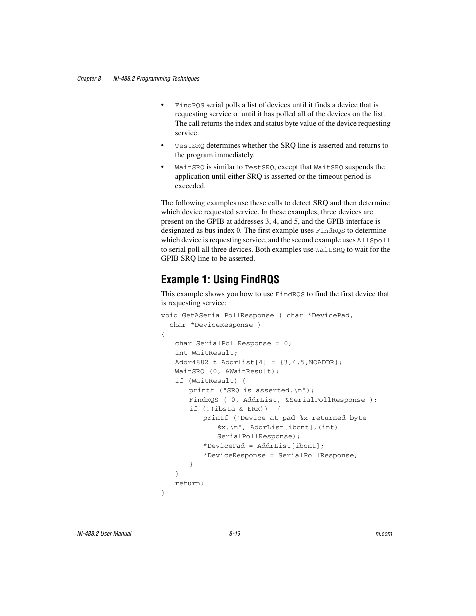 Example 1: using findrqs, Example 1: using findrqs -16 | National Instruments NI-488.2 User Manual | Page 88 / 134