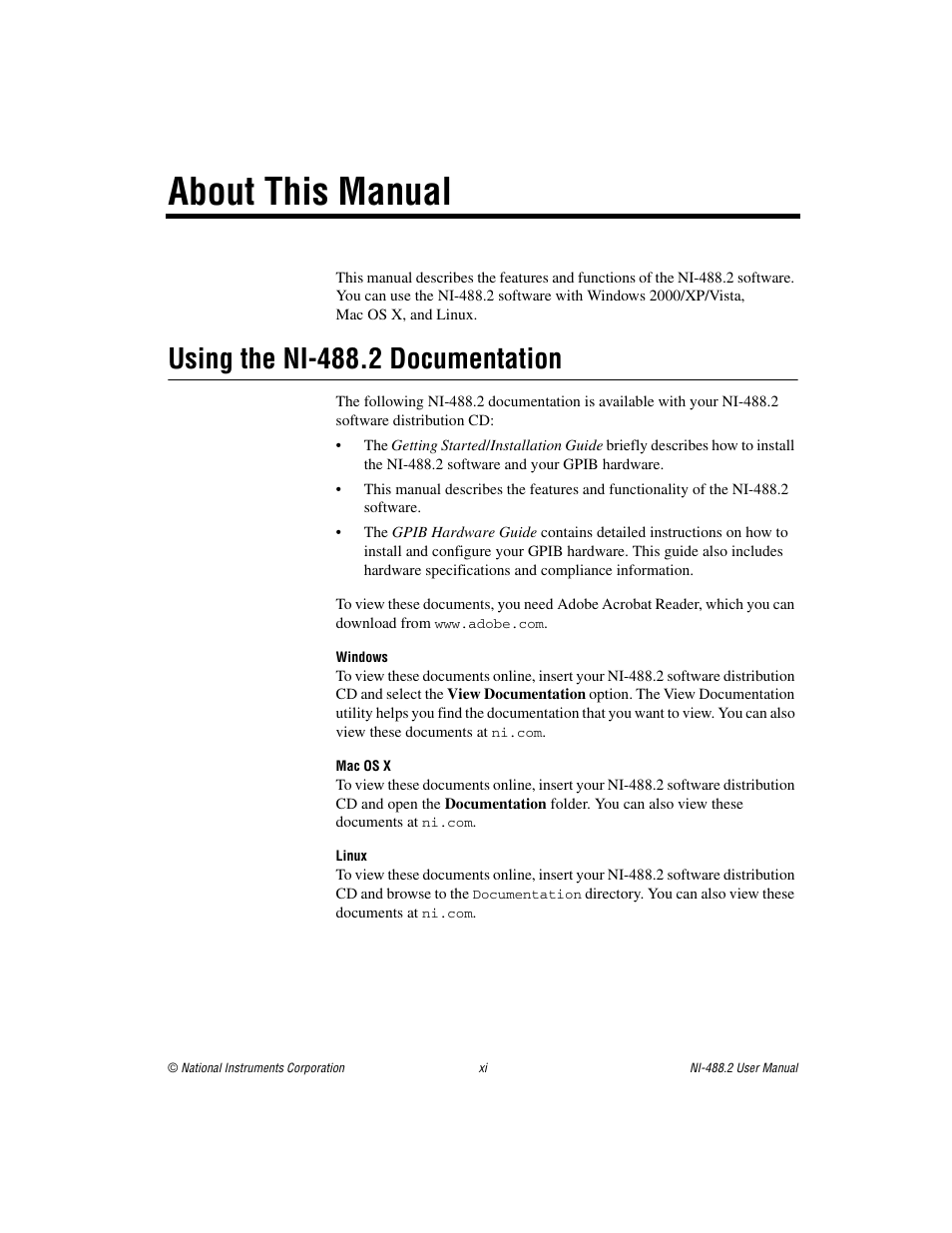 About this manual, Using the ni-488.2 documentation | National Instruments NI-488.2 User Manual | Page 9 / 134