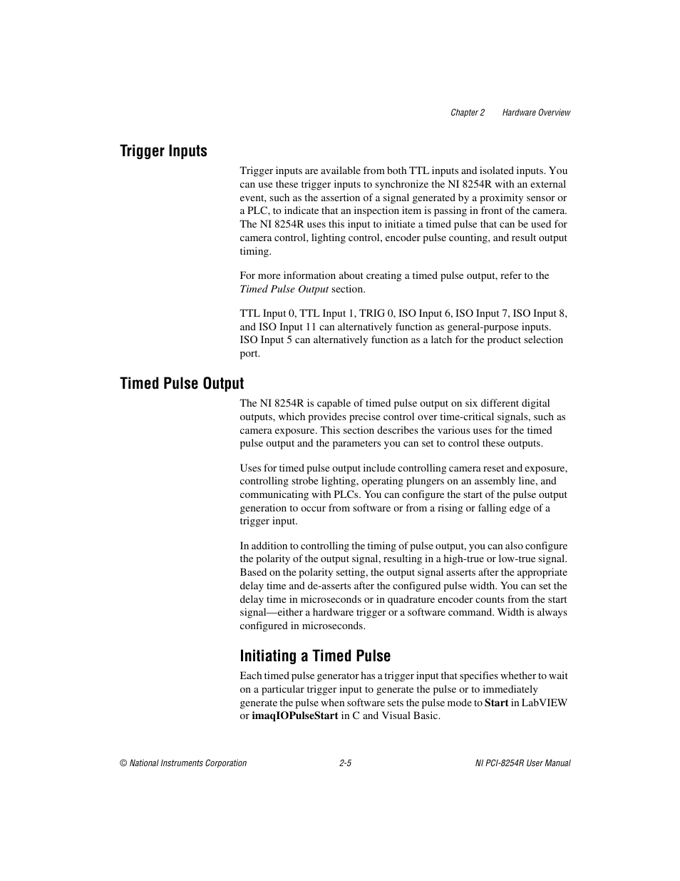 Trigger inputs, Timed pulse output, Initiating a timed pulse | Trigger inputs -5 timed pulse output -5, Initiating a timed pulse -5 | National Instruments NI VISION PCI-8254R User Manual | Page 16 / 43