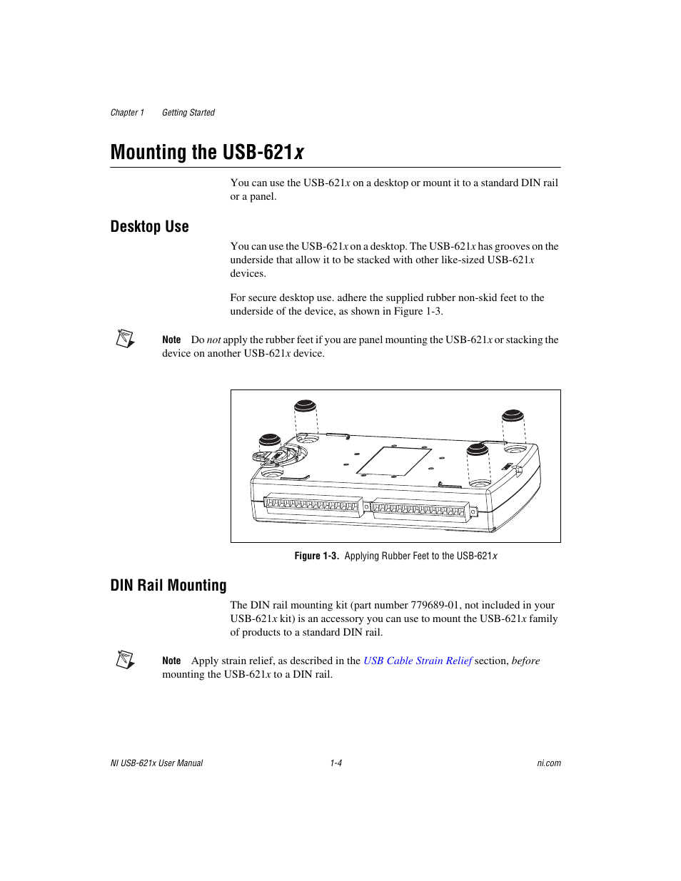Mounting the usb-621x, Desktop use, Figure 1-3. applying rubber feet to the usb-621x | Din rail mounting, Mounting the usb-621 x -4, Desktop use -4 din rail mounting -4, Mounting the usb-621 x | National Instruments Data Acquisition Device NI USB-621x User Manual | Page 21 / 185