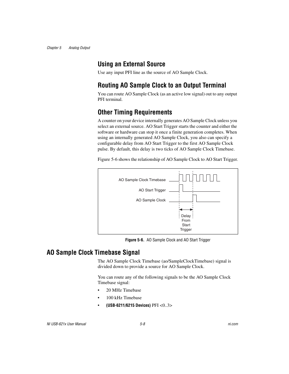 Using an external source, Routing ao sample clock to an output terminal, Other timing requirements | Figure 5-6. ao sample clock and ao start trigger, Ao sample clock timebase signal, Ao sample clock timebase signal -8 | National Instruments Data Acquisition Device NI USB-621x User Manual | Page 79 / 185