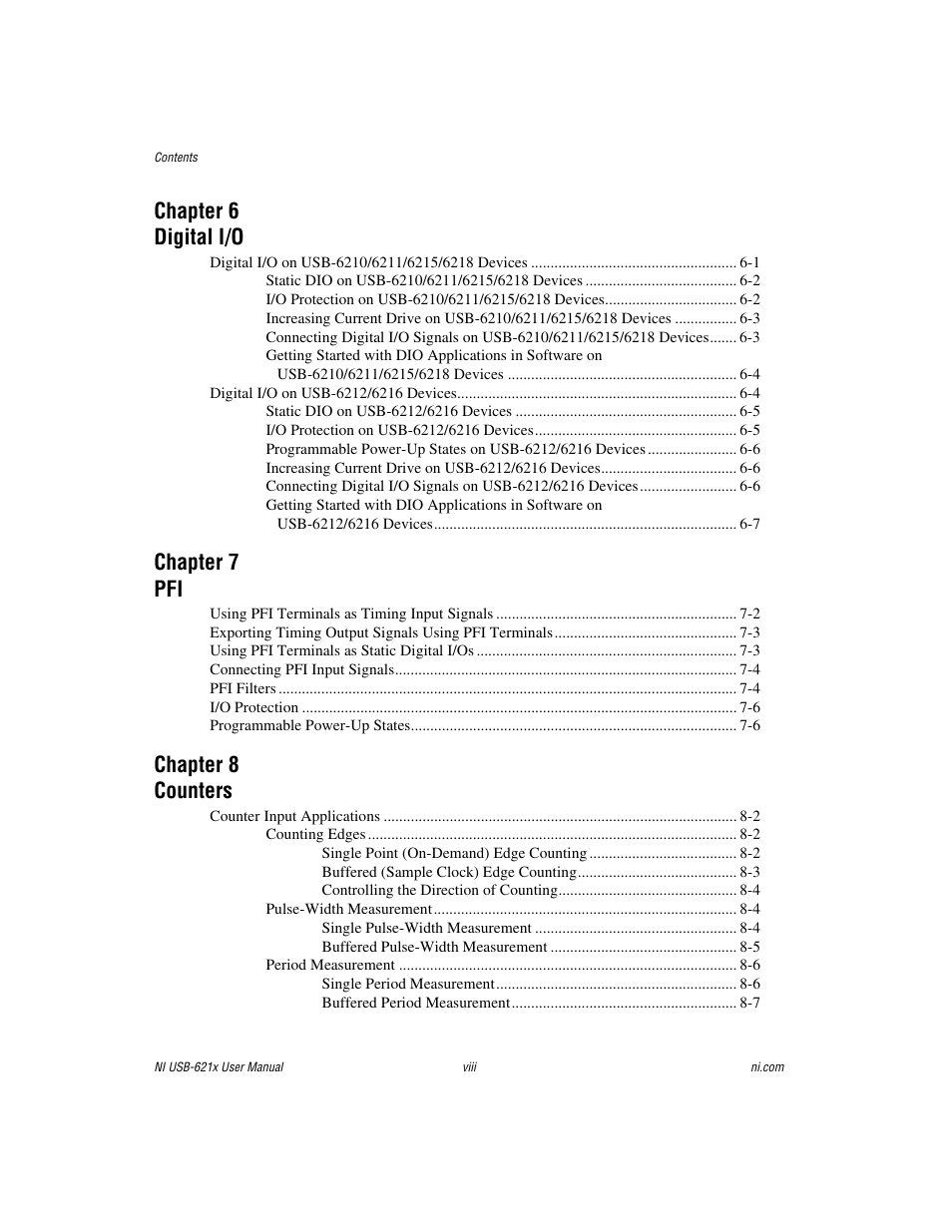 Chapter 6 digital i/o, Chapter 7 pfi, Chapter 8 counters | National Instruments Data Acquisition Device NI USB-621x User Manual | Page 8 / 185