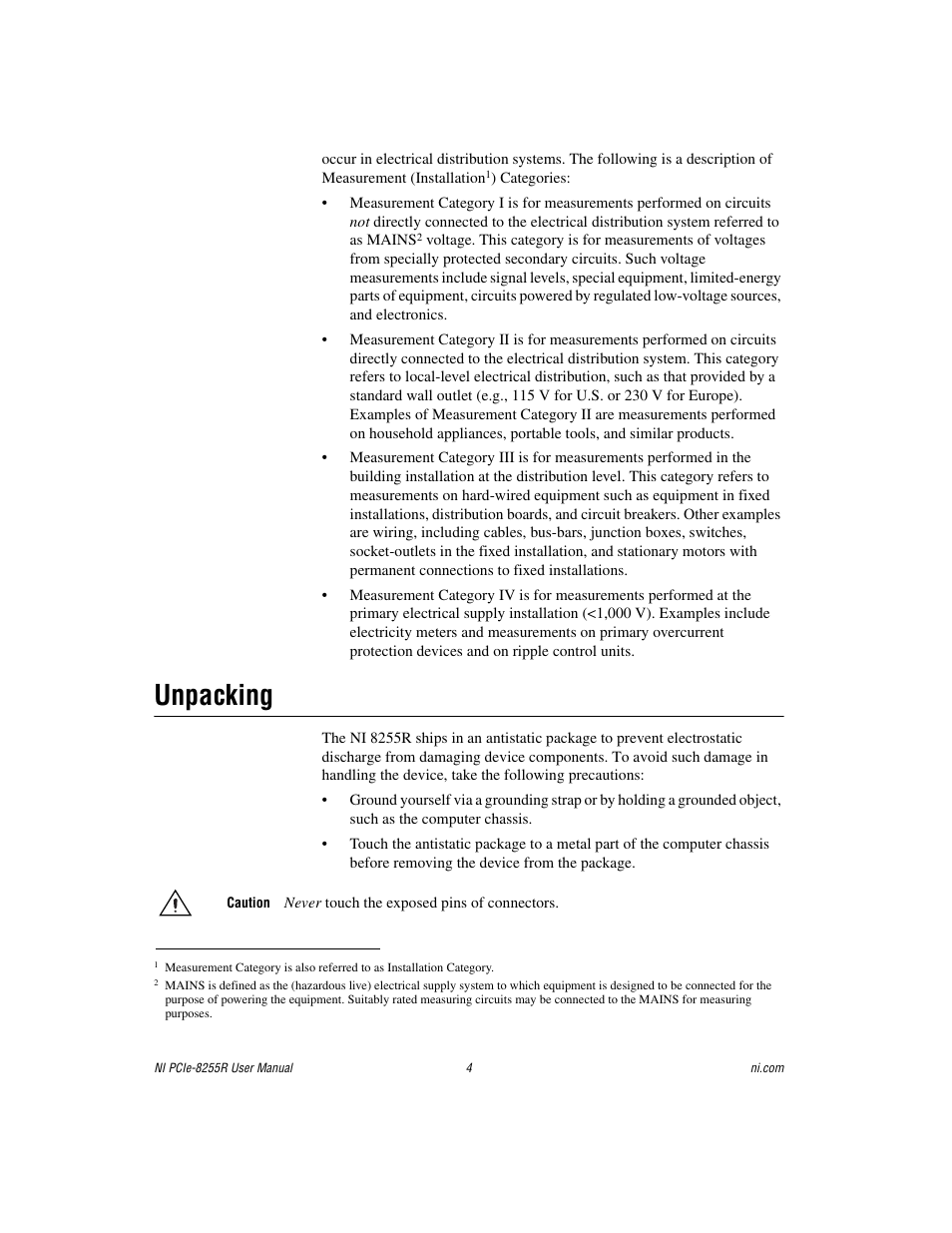 Unpacking | National Instruments NI PCIe-8255R User Manual | Page 4 / 16