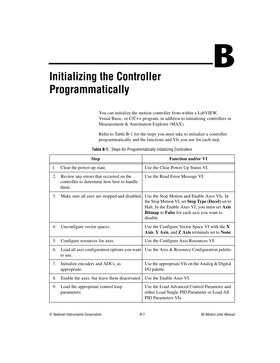 Initializing the controller programmatically | National Instruments NI-Motion User Manual | Page 283 / 305