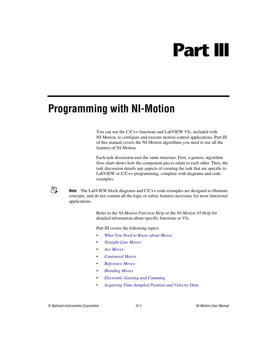 Part iii programming with ni-motion, Programming with ni-motion, Part iii | National Instruments NI-Motion User Manual | Page 40 / 305