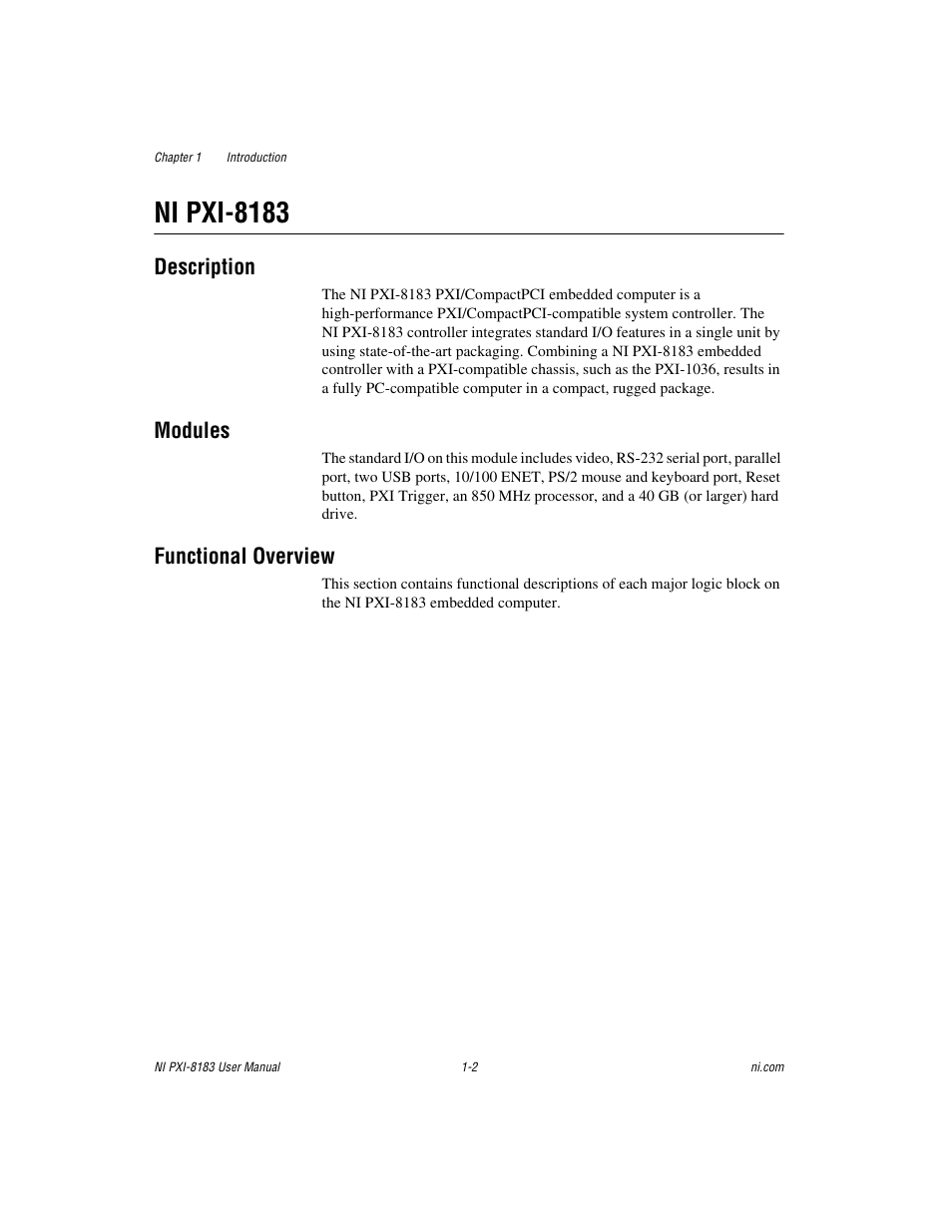 Ni pxi-8183, Description, Modules | Functional overview, Ni pxi-8183 -2, Description -2 modules -2 functional overview -2 | National Instruments Two-Slot Embedded Controller NI PXI-8183 User Manual | Page 10 / 69