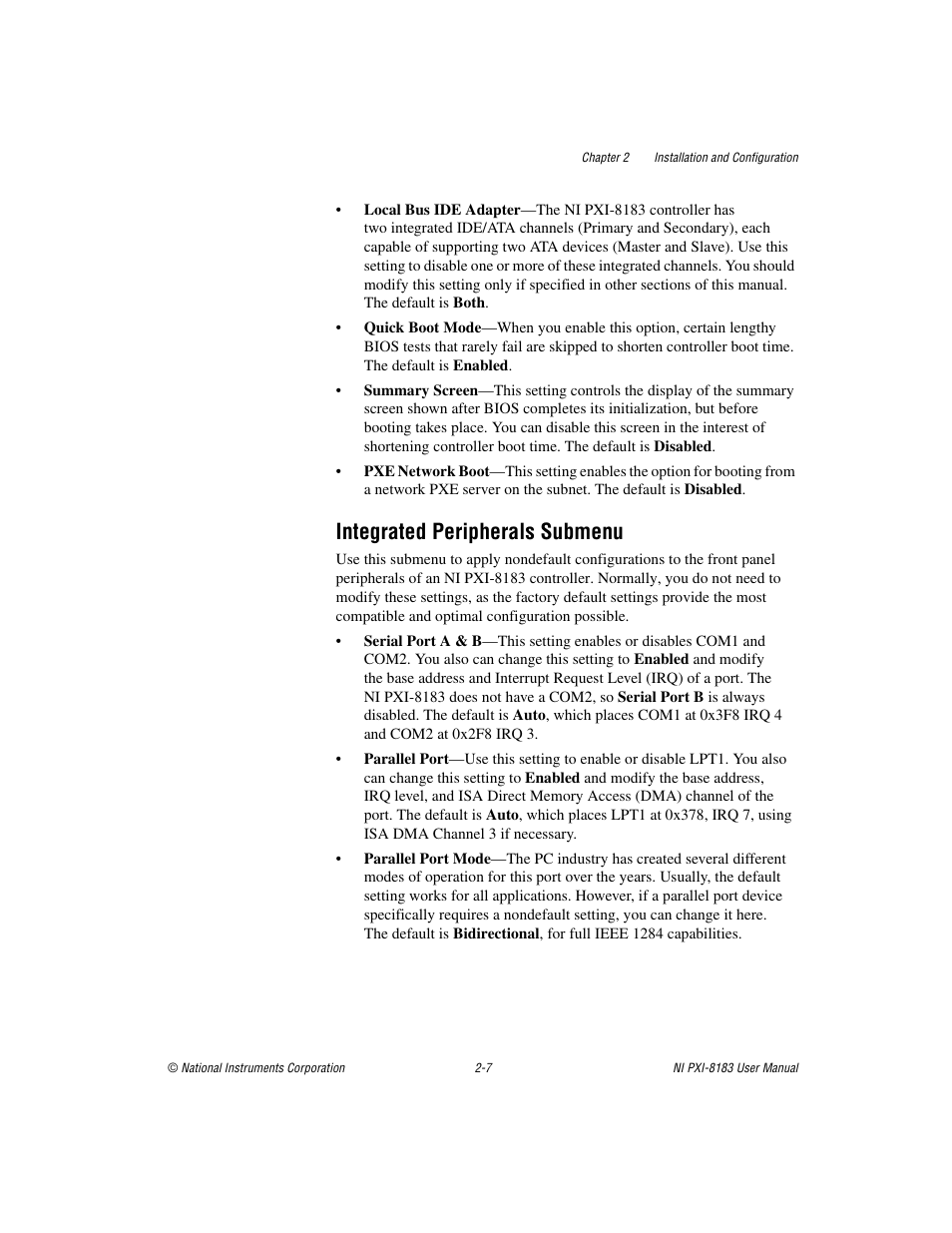 Integrated peripherals submenu | National Instruments Two-Slot Embedded Controller NI PXI-8183 User Manual | Page 20 / 69
