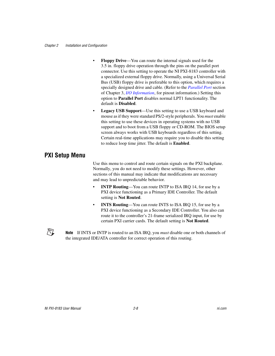 Pxi setup menu, Pxi setup menu -8 | National Instruments Two-Slot Embedded Controller NI PXI-8183 User Manual | Page 21 / 69