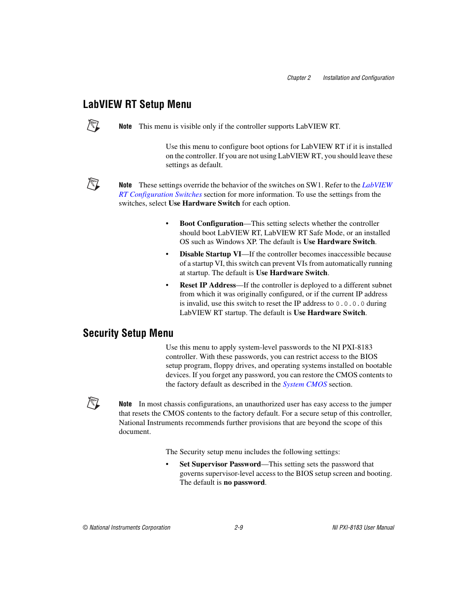 Labview rt setup menu, Security setup menu, Labview rt setup menu -9 security setup menu -9 | National Instruments Two-Slot Embedded Controller NI PXI-8183 User Manual | Page 22 / 69