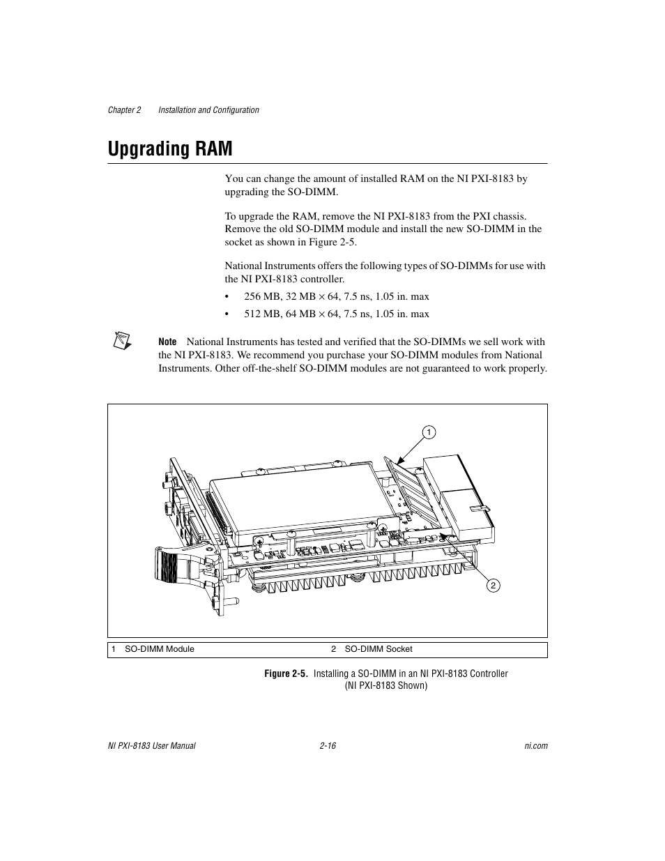 Upgrading ram, Upgrading ram -16 | National Instruments Two-Slot Embedded Controller NI PXI-8183 User Manual | Page 29 / 69