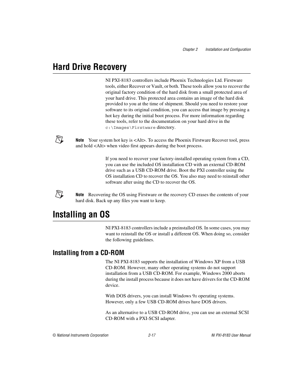 Hard drive recovery, Installing an os, Installing from a cd-rom | Hard drive recovery -17 installing an os -17, Installing from a cd-rom -17 | National Instruments Two-Slot Embedded Controller NI PXI-8183 User Manual | Page 30 / 69