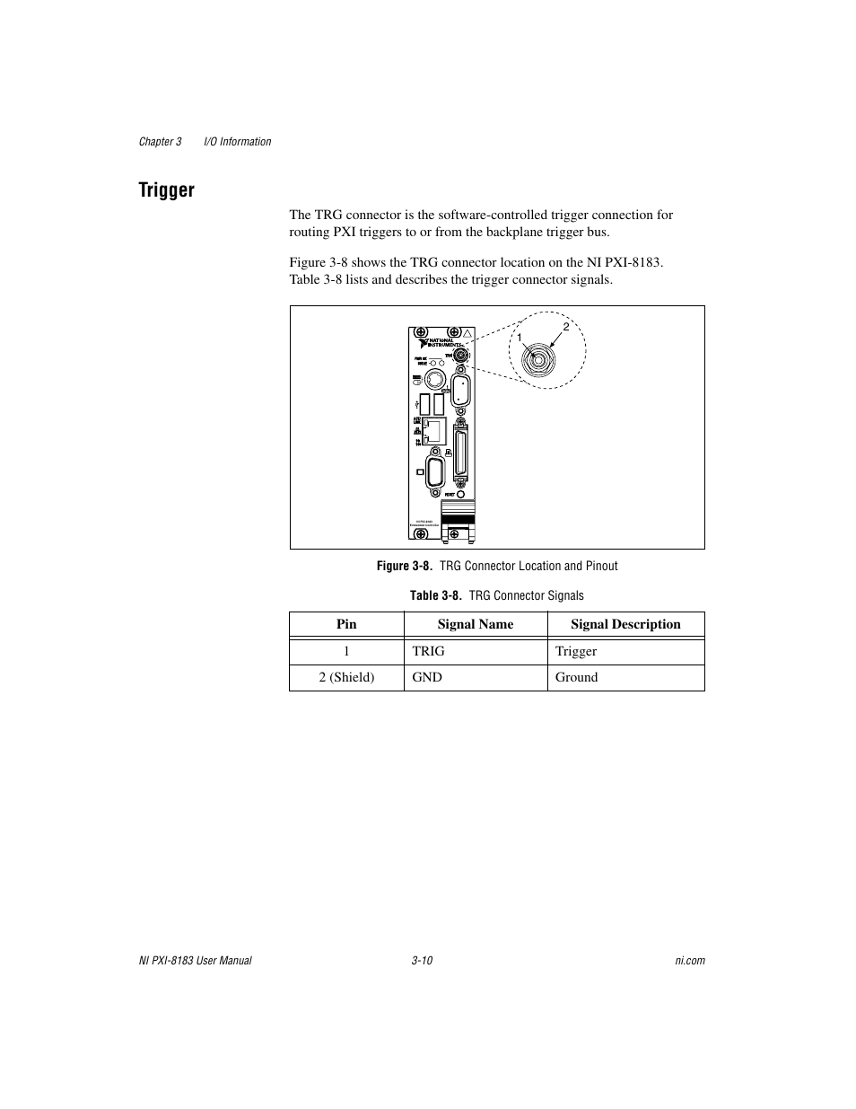 Trigger, Figure 3-8. trg connector location and pinout, Table 3-8. trg connector signals | Trigger -10 | National Instruments Two-Slot Embedded Controller NI PXI-8183 User Manual | Page 41 / 69
