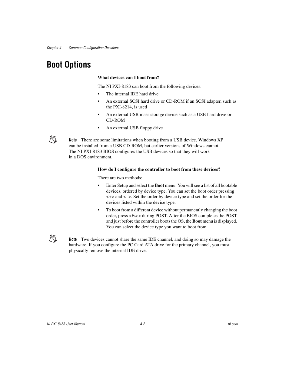 Boot options, Boot options -2 | National Instruments Two-Slot Embedded Controller NI PXI-8183 User Manual | Page 44 / 69