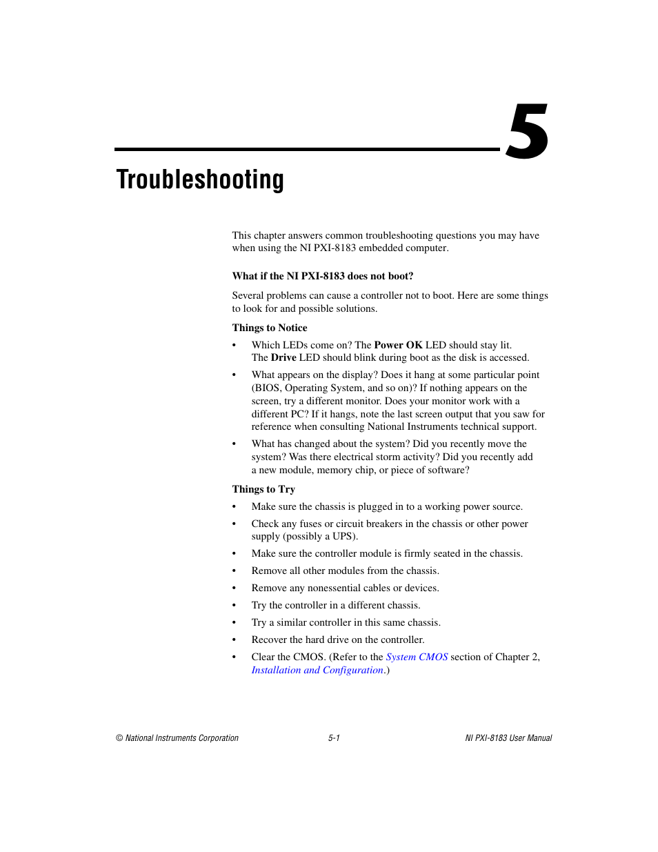 Chapter 5 troubleshooting, What if the ni pxi-8183 does not boot, Sectio | Troubleshooting | National Instruments Two-Slot Embedded Controller NI PXI-8183 User Manual | Page 51 / 69