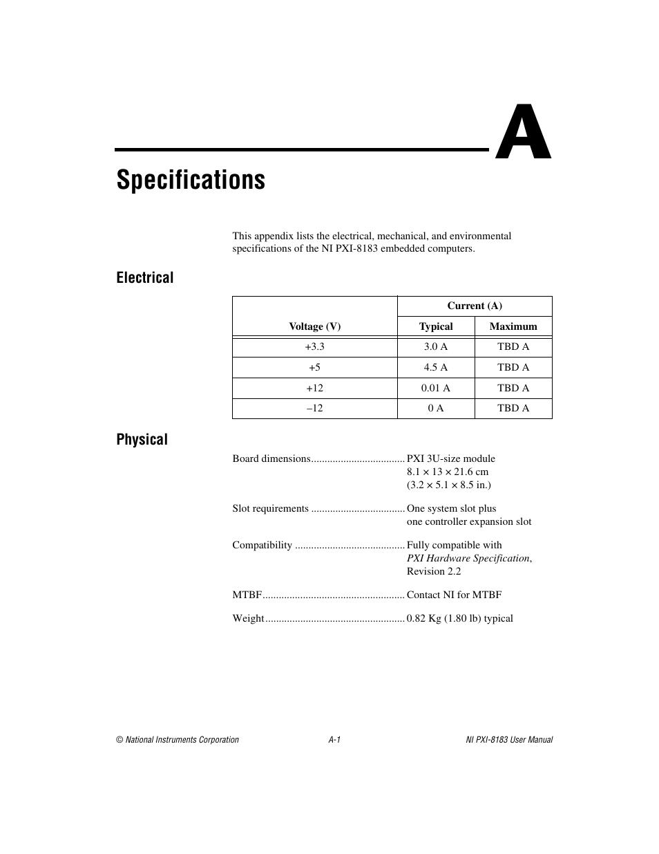 Appendix a specifications, Specifications | National Instruments Two-Slot Embedded Controller NI PXI-8183 User Manual | Page 53 / 69