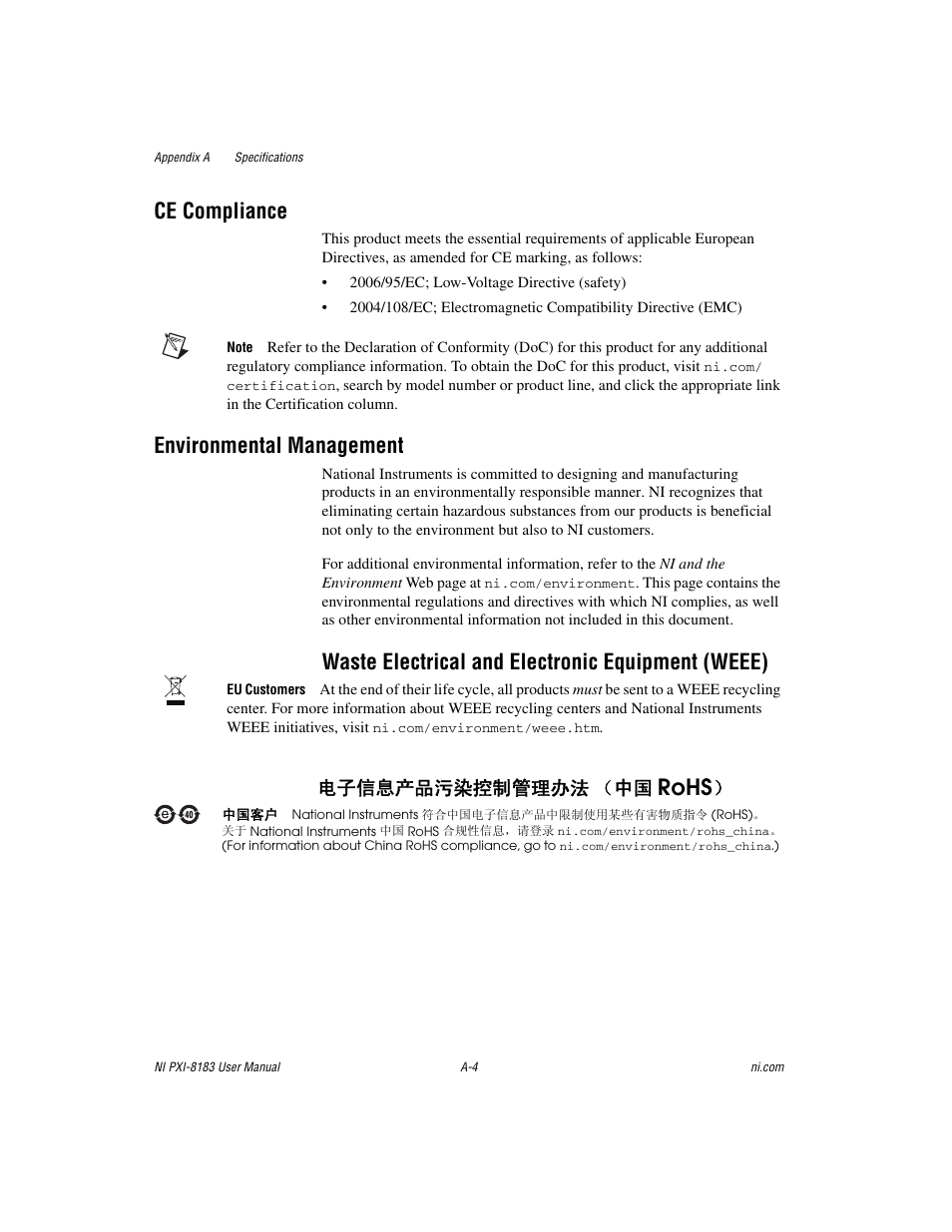 Rohs, Ce compliance, Environmental management | Waste electrical and electronic equipment (weee), ᄤֵᙃѻક∵ᶧ᥻ࠊㅵ⧚ࡲ⊩ ˄ё | National Instruments Two-Slot Embedded Controller NI PXI-8183 User Manual | Page 56 / 69