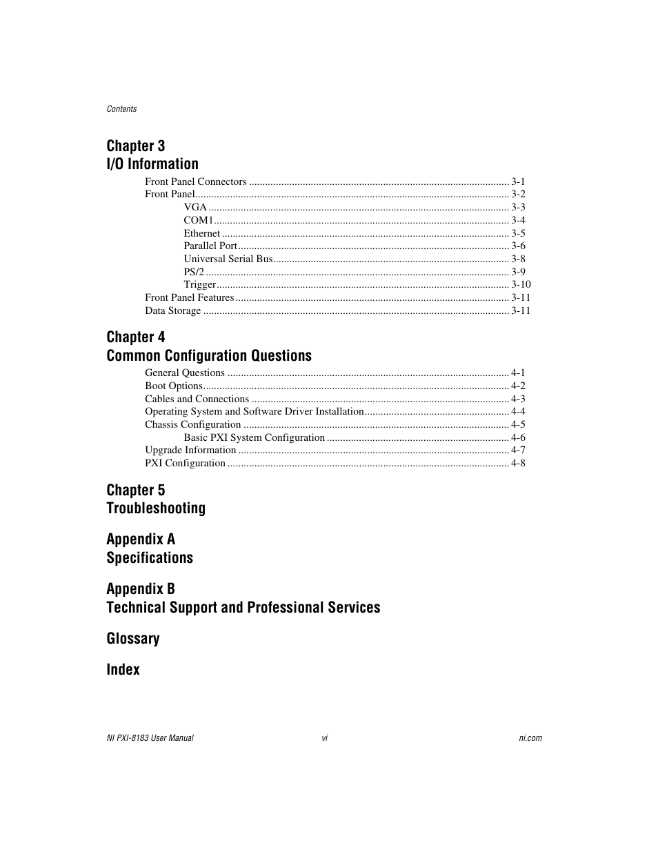Chapter 3 i/o information, Chapter 4 common configuration questions | National Instruments Two-Slot Embedded Controller NI PXI-8183 User Manual | Page 6 / 69