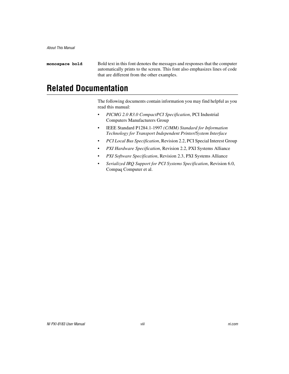Related documentation | National Instruments Two-Slot Embedded Controller NI PXI-8183 User Manual | Page 8 / 69