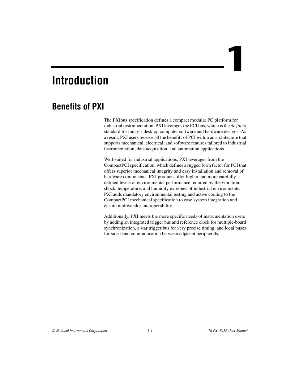 Chapter 1 introduction, Benefits of pxi, Benefits of pxi -1 | Introduction | National Instruments Two-Slot Embedded Controller NI PXI-8183 User Manual | Page 9 / 69