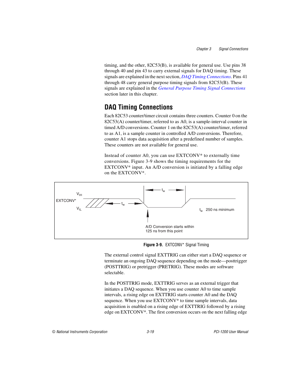 Daq timing connections, Figure 39. extconv* signal timing, Daq timing connections -19 | Figure 3-9, Extconv* signal timing -19 | National Instruments PCI-1200 User Manual | Page 41 / 100