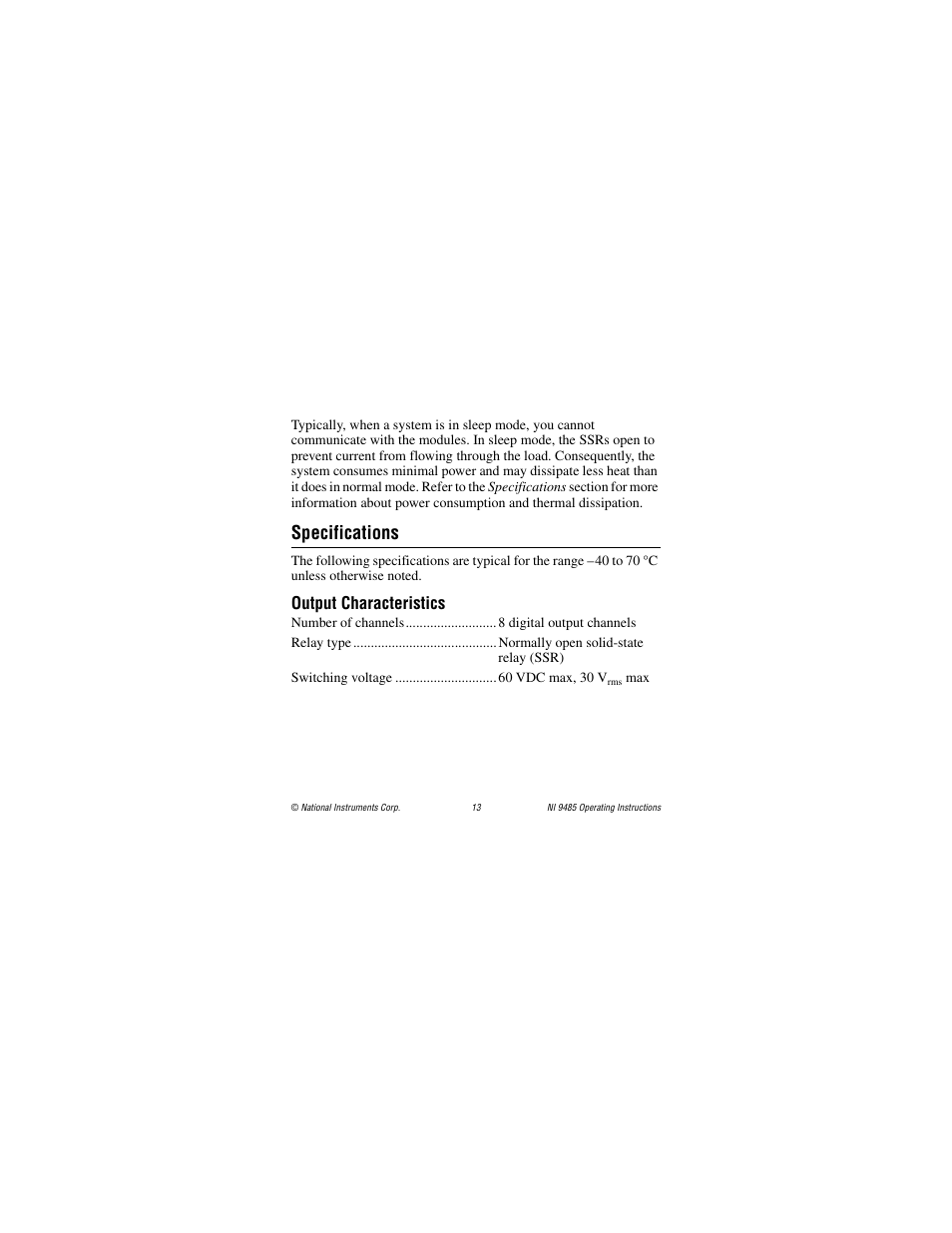 Specifications, Output characteristics | National Instruments 8-Channel Solid-State Relay (SSR) Digital Output NI 9485 User Manual | Page 13 / 23