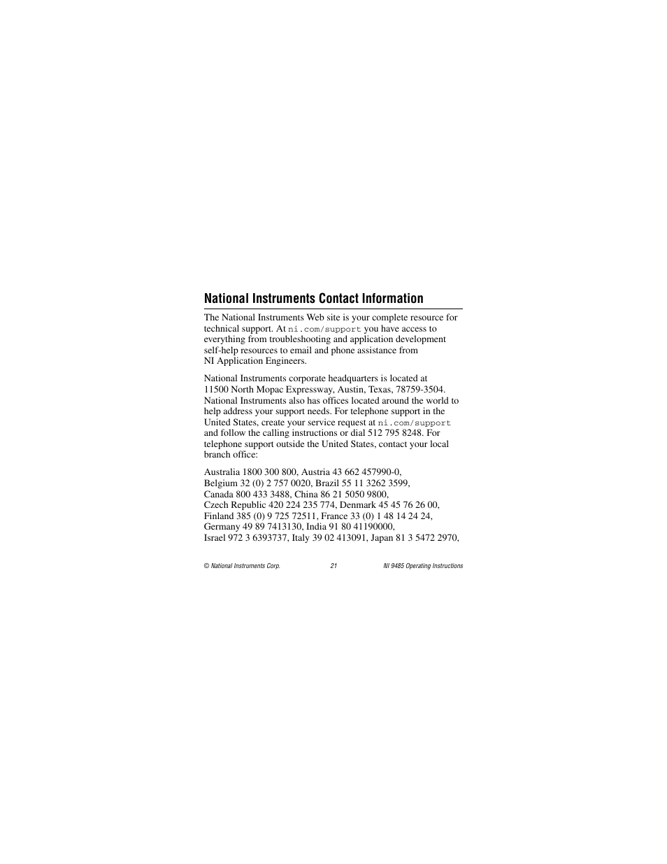 National instruments contact information | National Instruments 8-Channel Solid-State Relay (SSR) Digital Output NI 9485 User Manual | Page 21 / 23