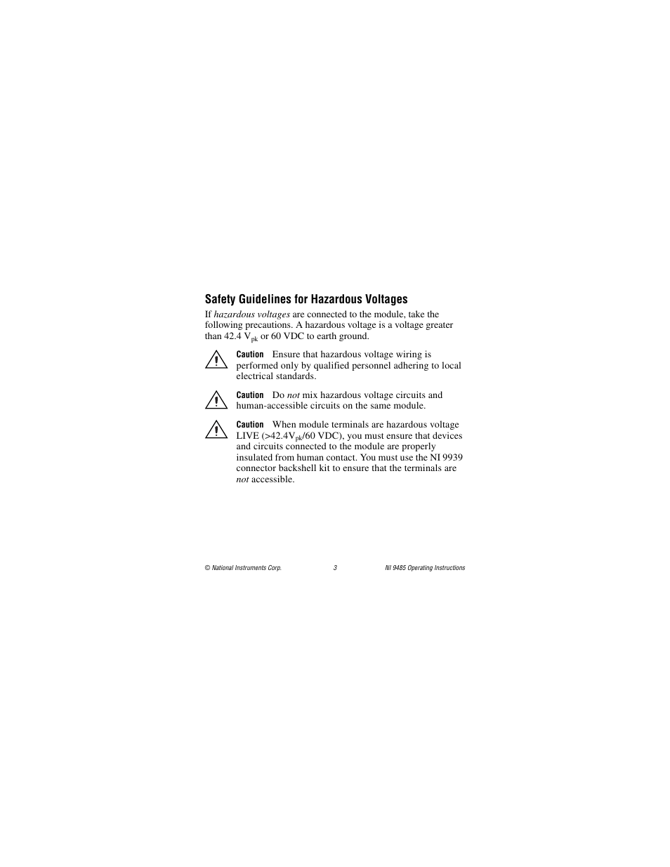 Safety guidelines for hazardous voltages | National Instruments 8-Channel Solid-State Relay (SSR) Digital Output NI 9485 User Manual | Page 3 / 23