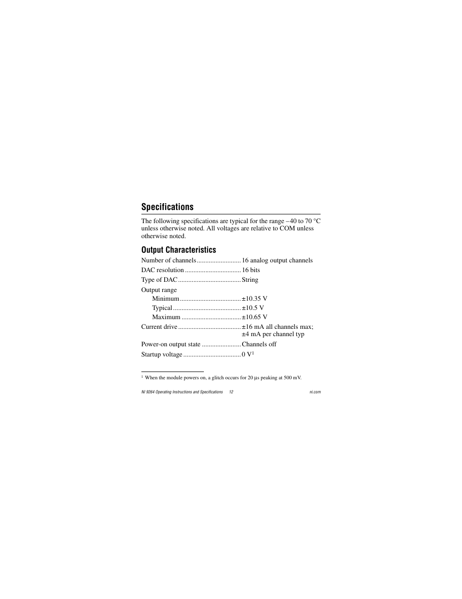 Specifications, Output characteristics, Fer to the | R to the, Sectio | National Instruments NI 9264 User Manual | Page 12 / 24