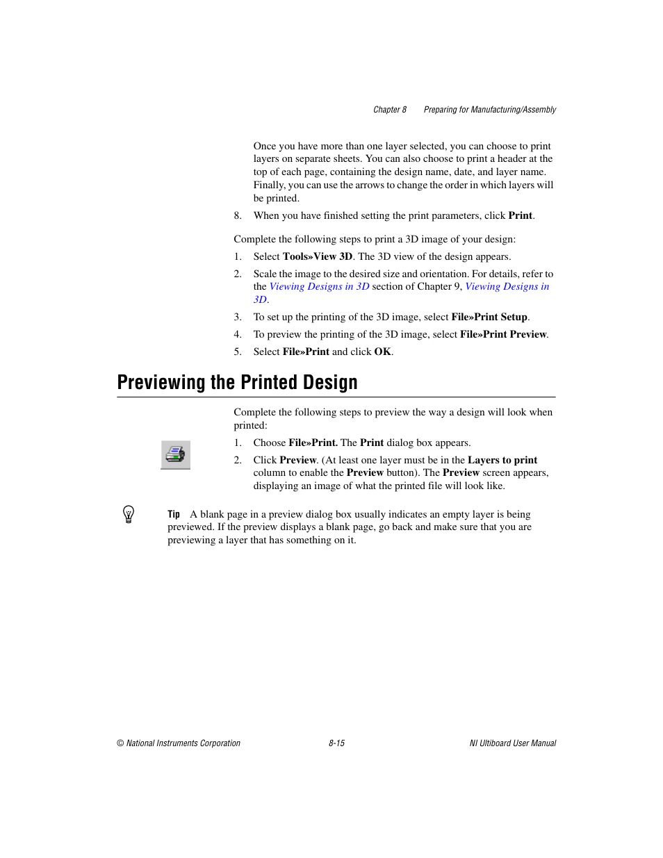 Previewing the printed design, Previewing the printed design -15 | National Instruments Graphical User Interface Ultiboard User Manual | Page 229 / 281