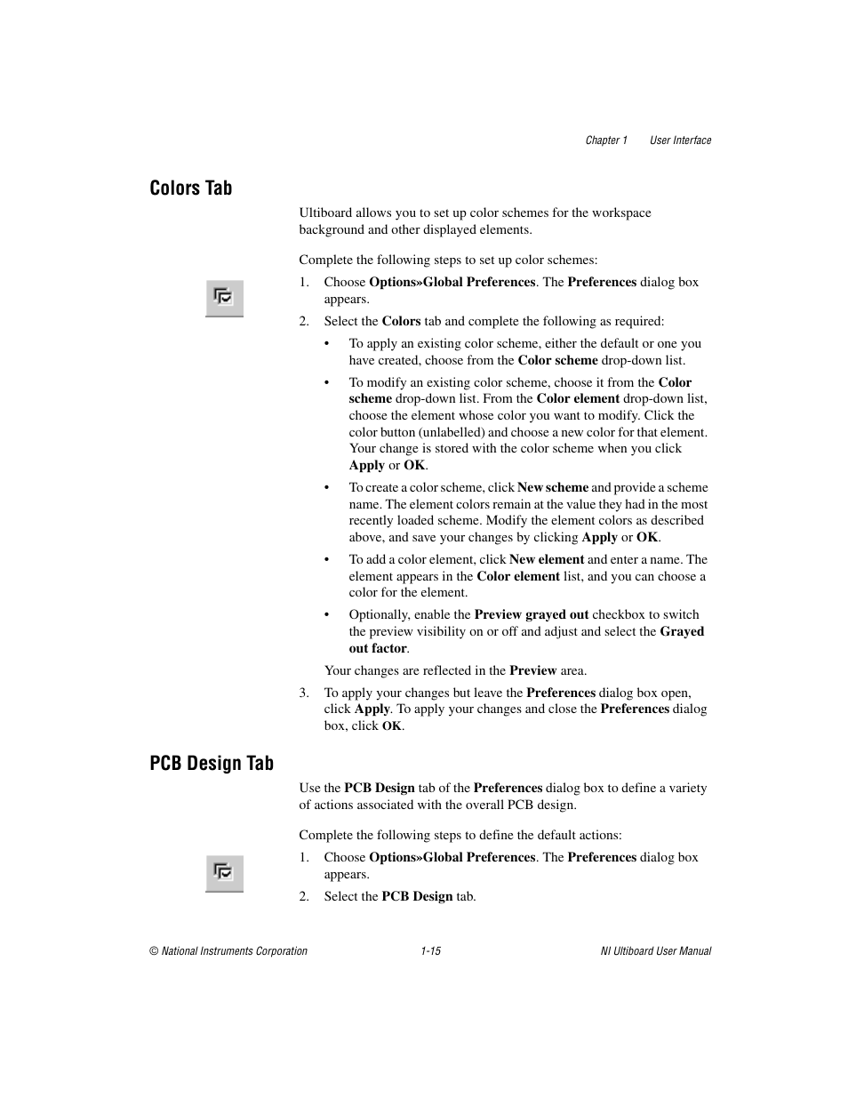 Colors tab, Pcb design tab, Colors tab -15 pcb design tab -15 | National Instruments Graphical User Interface Ultiboard User Manual | Page 31 / 281