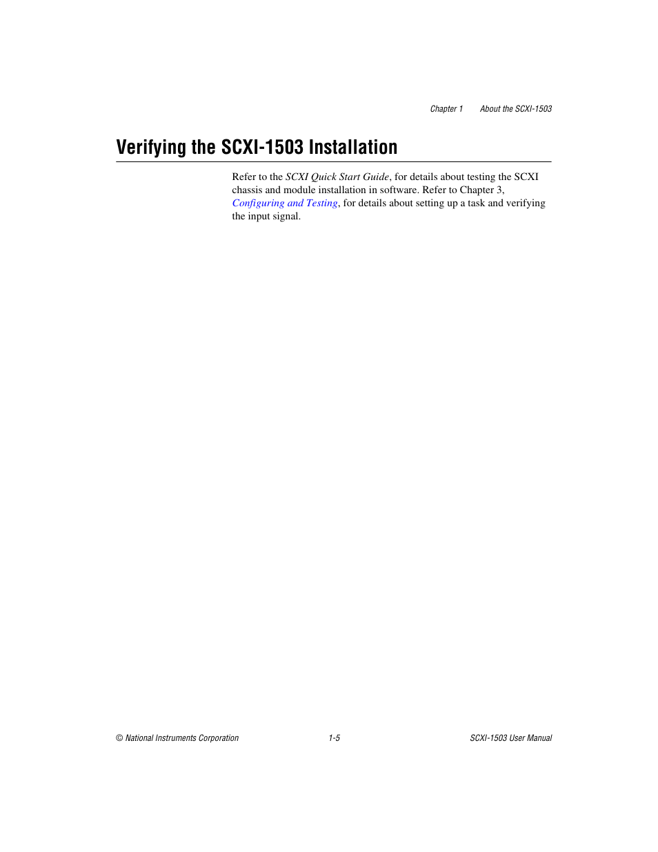 Verifying the scxi-1503 installation, Verifying the scxi-1503 installation -5 | National Instruments Module SCXI-1503 User Manual | Page 13 / 79