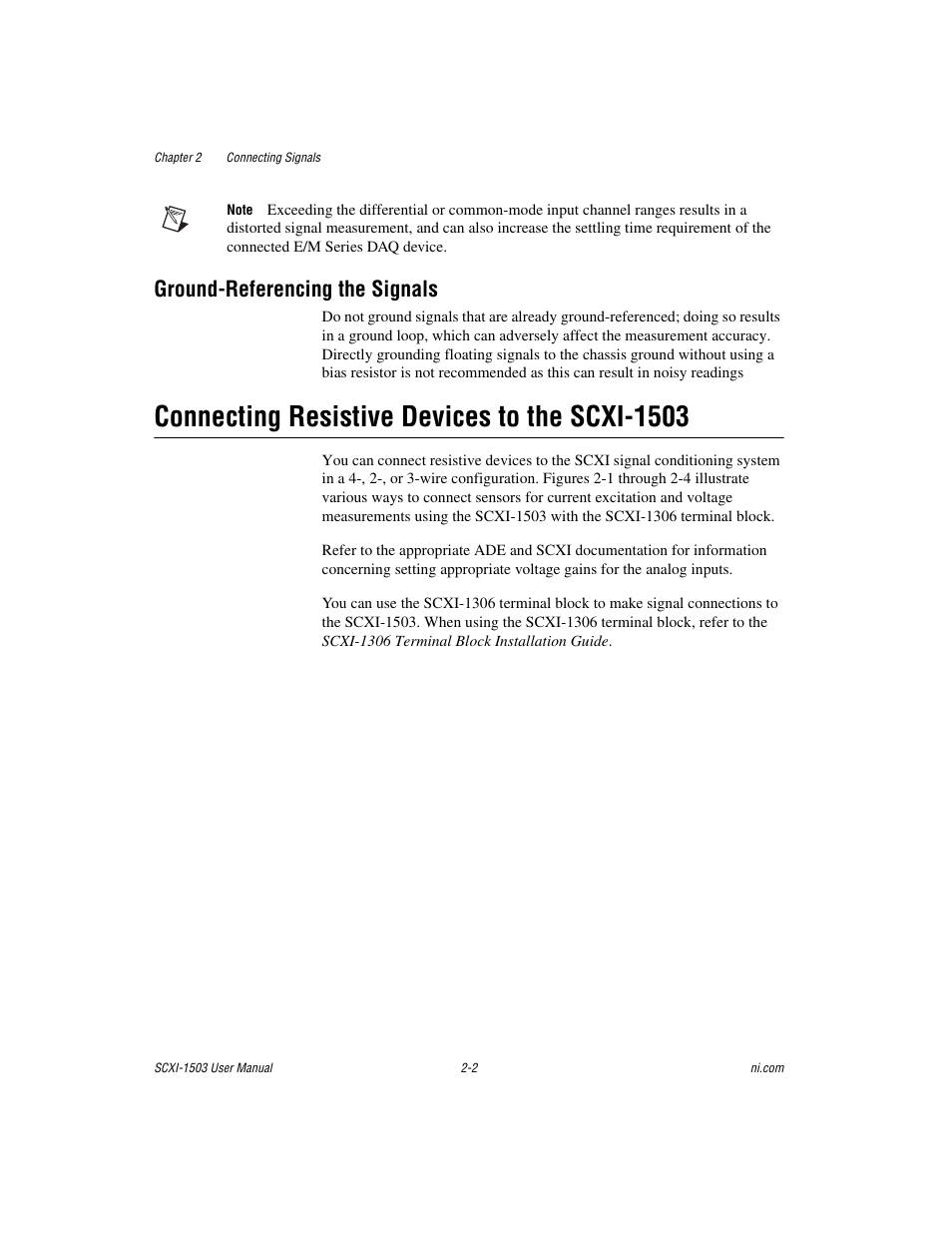 Ground-referencing the signals, Connecting resistive devices to the scxi-1503, Ground-referencing the signals -2 | Connecting resistive devices to the scxi-1503 -2 | National Instruments Module SCXI-1503 User Manual | Page 15 / 79