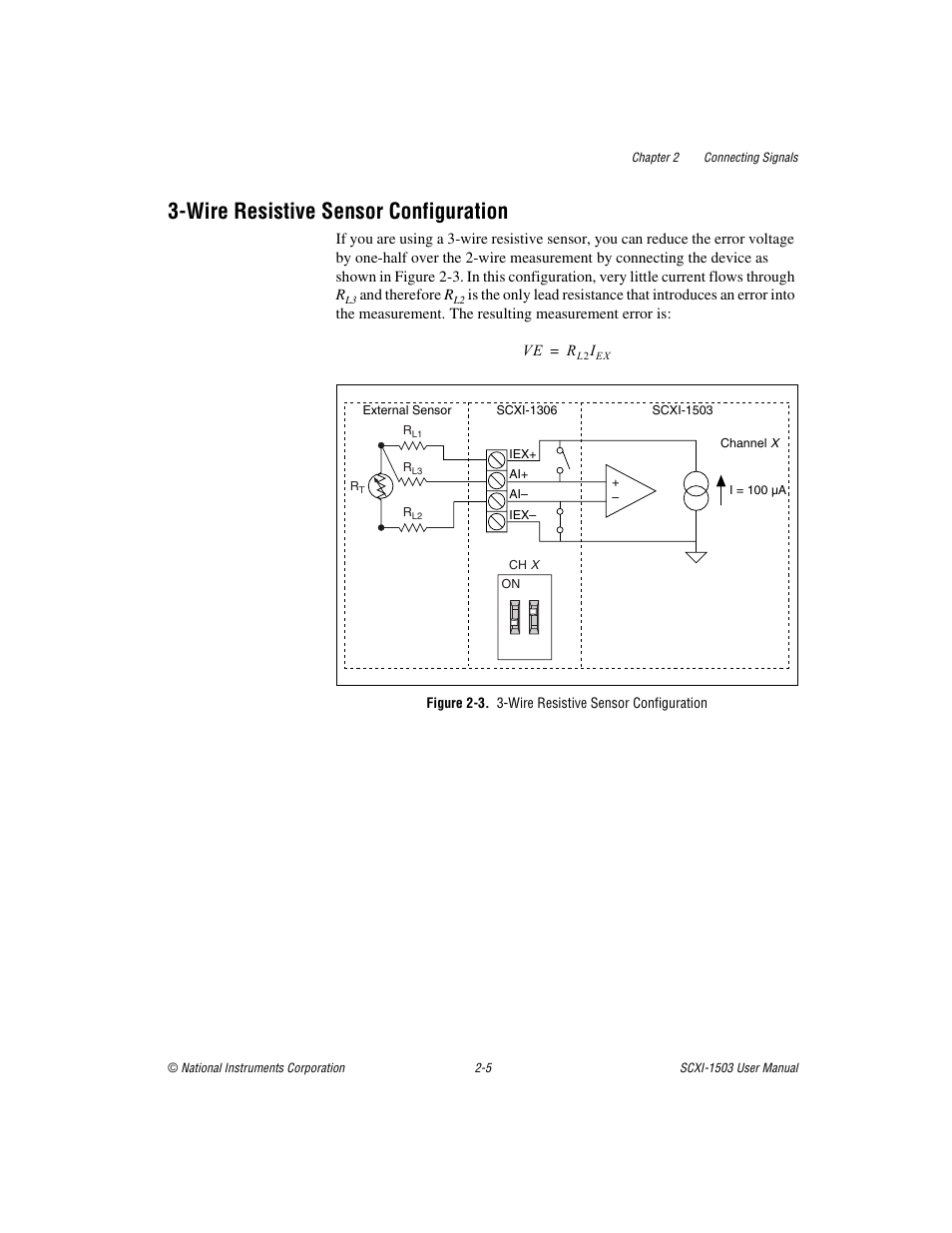 Wire resistive sensor configuration, Figure 2-3. 3-wire resistive sensor configuration, Wire resistive sensor configuration -5 | National Instruments Module SCXI-1503 User Manual | Page 18 / 79