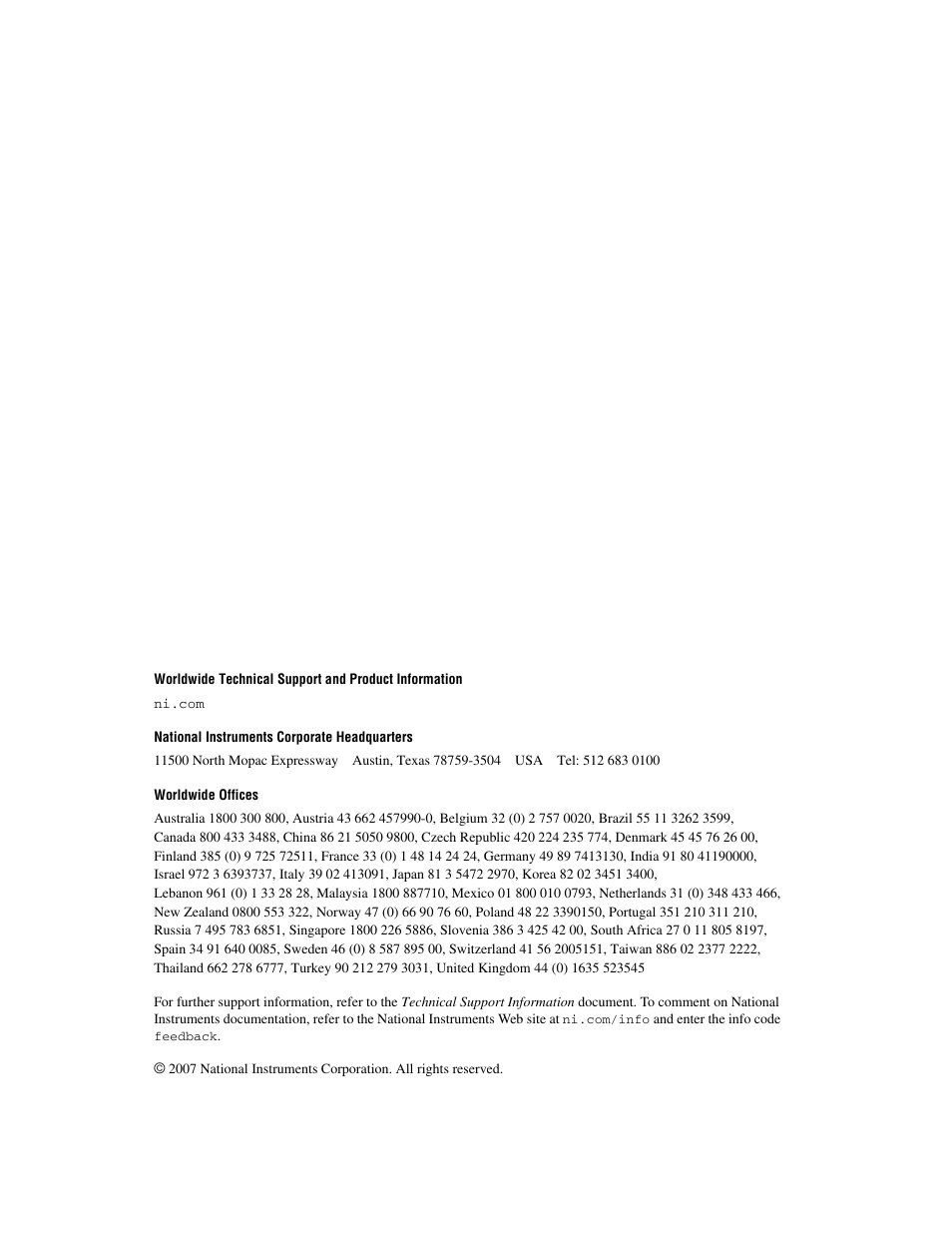 Support, National instruments corporate headquarters, Worldwide offices | National Instruments Module SCXI-1503 User Manual | Page 2 / 79