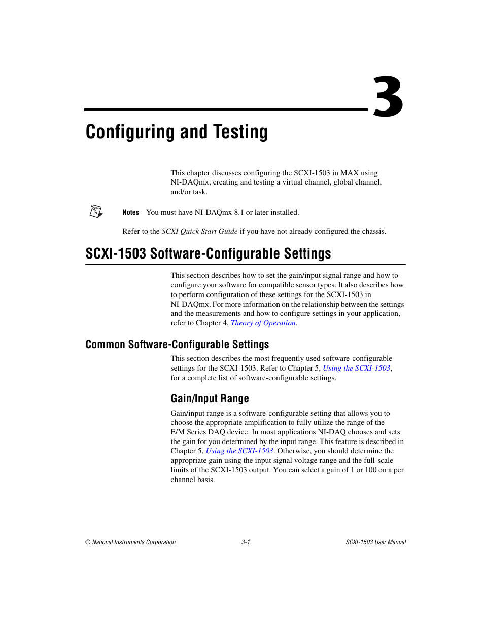 Chapter 3 configuring and testing, Scxi-1503 software-configurable settings, Common software-configurable settings | Gain/input range, Scxi-1503 software-configurable settings -1, Common software-configurable settings -1, Gain/input range -1, Configuring and testing | National Instruments Module SCXI-1503 User Manual | Page 26 / 79