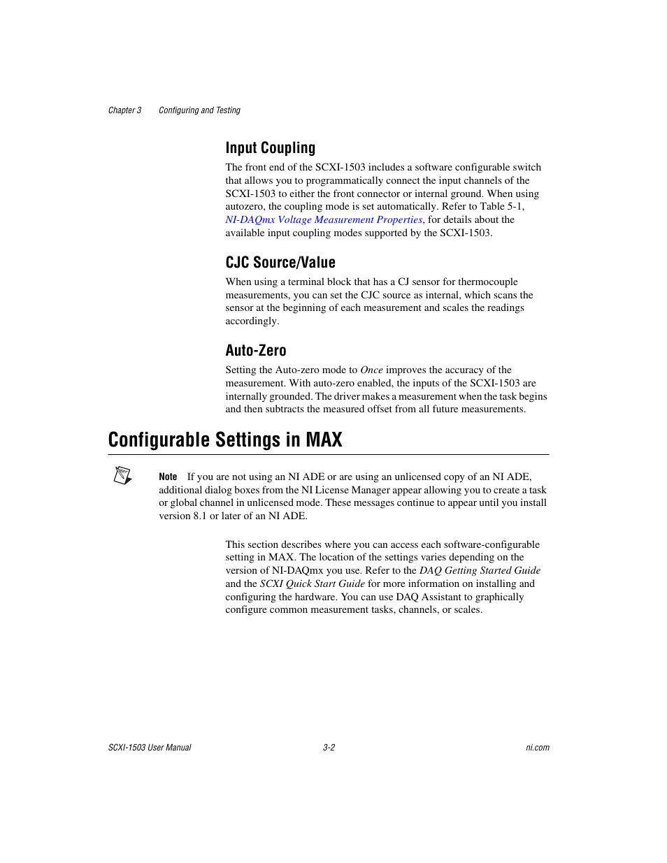 Input coupling, Cjc source/value, Auto-zero | Configurable settings in max, Input coupling -2 cjc source/value -2 auto-zero -2, Configurable settings in max -2 | National Instruments Module SCXI-1503 User Manual | Page 27 / 79