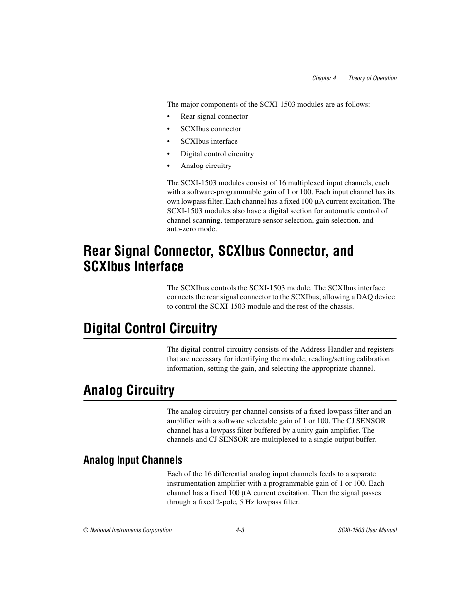 Digital control circuitry, Analog circuitry, Analog input channels | Analog input channels -3 | National Instruments Module SCXI-1503 User Manual | Page 33 / 79