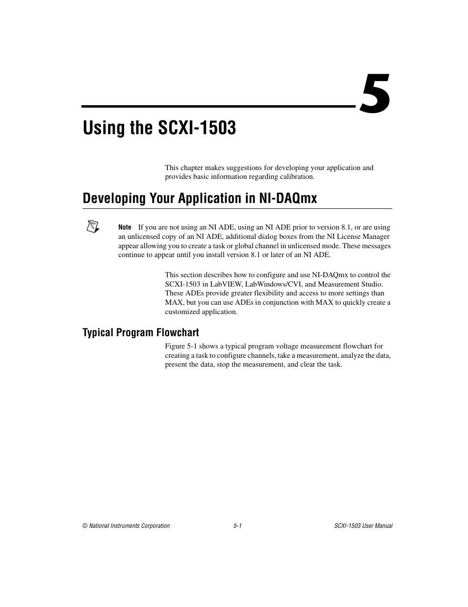 Chapter 5 using the scxi-1503, Developing your application in ni-daqmx, Typical program flowchart | Developing your application in ni-daqmx -1, Typical program flowchart -1, Using the scxi-1503, Chapter 5, Using the, Scxi-1503 | National Instruments Module SCXI-1503 User Manual | Page 44 / 79