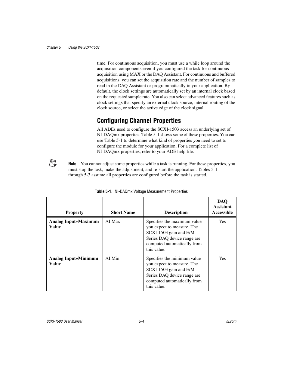 Configuring channel properties, Table 5-1. ni-daqmx voltage measurement properties, Configuring channel properties -4 | National Instruments Module SCXI-1503 User Manual | Page 47 / 79