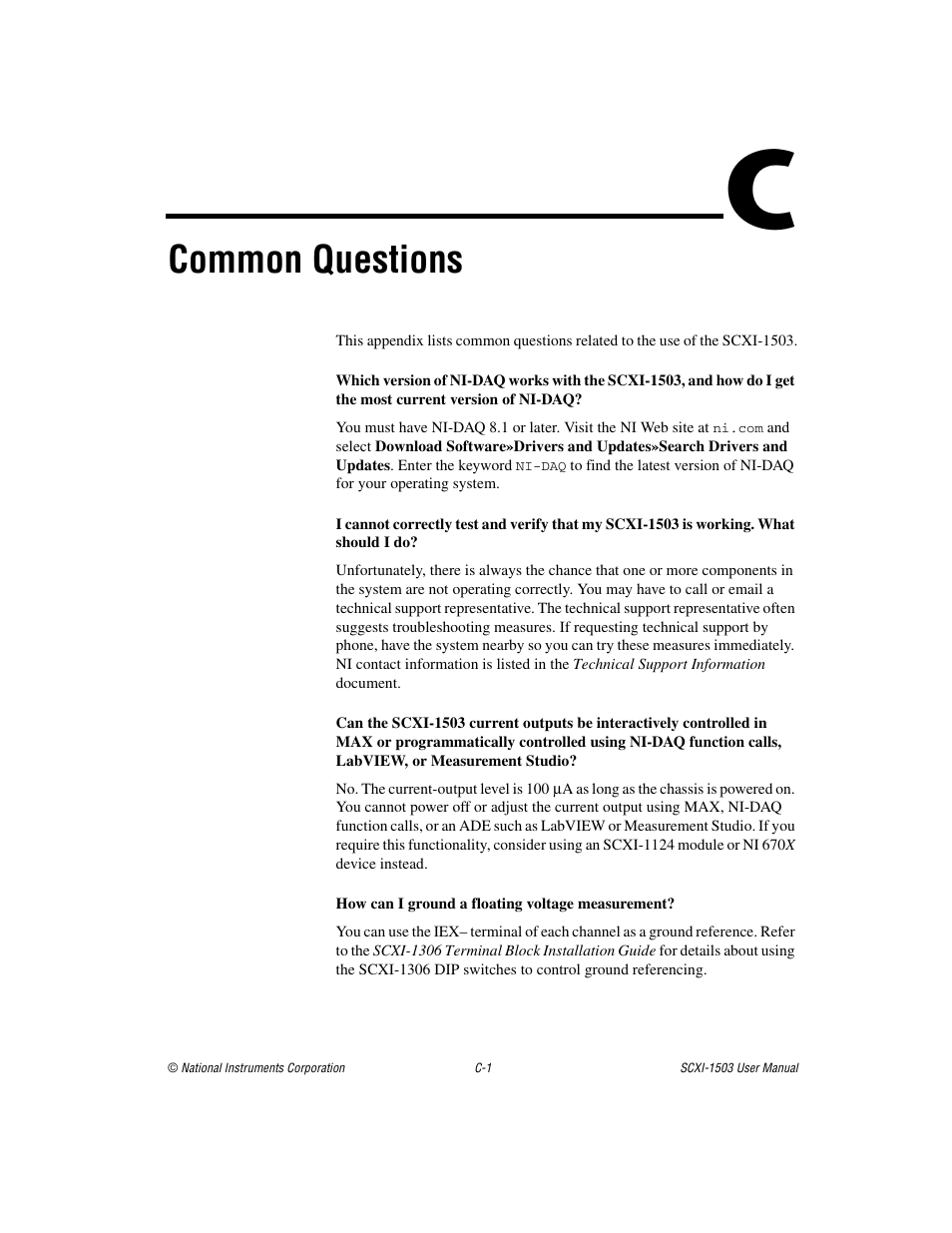 Appendix c common questions, Common questions | National Instruments Module SCXI-1503 User Manual | Page 66 / 79