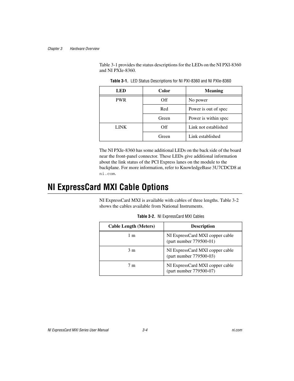 Ni expresscard mxi cable options, Table 3-2. ni expresscard mxi cables, Ni expresscard mxi cable options -4 | National Instruments MXI Series User Manual | Page 20 / 40