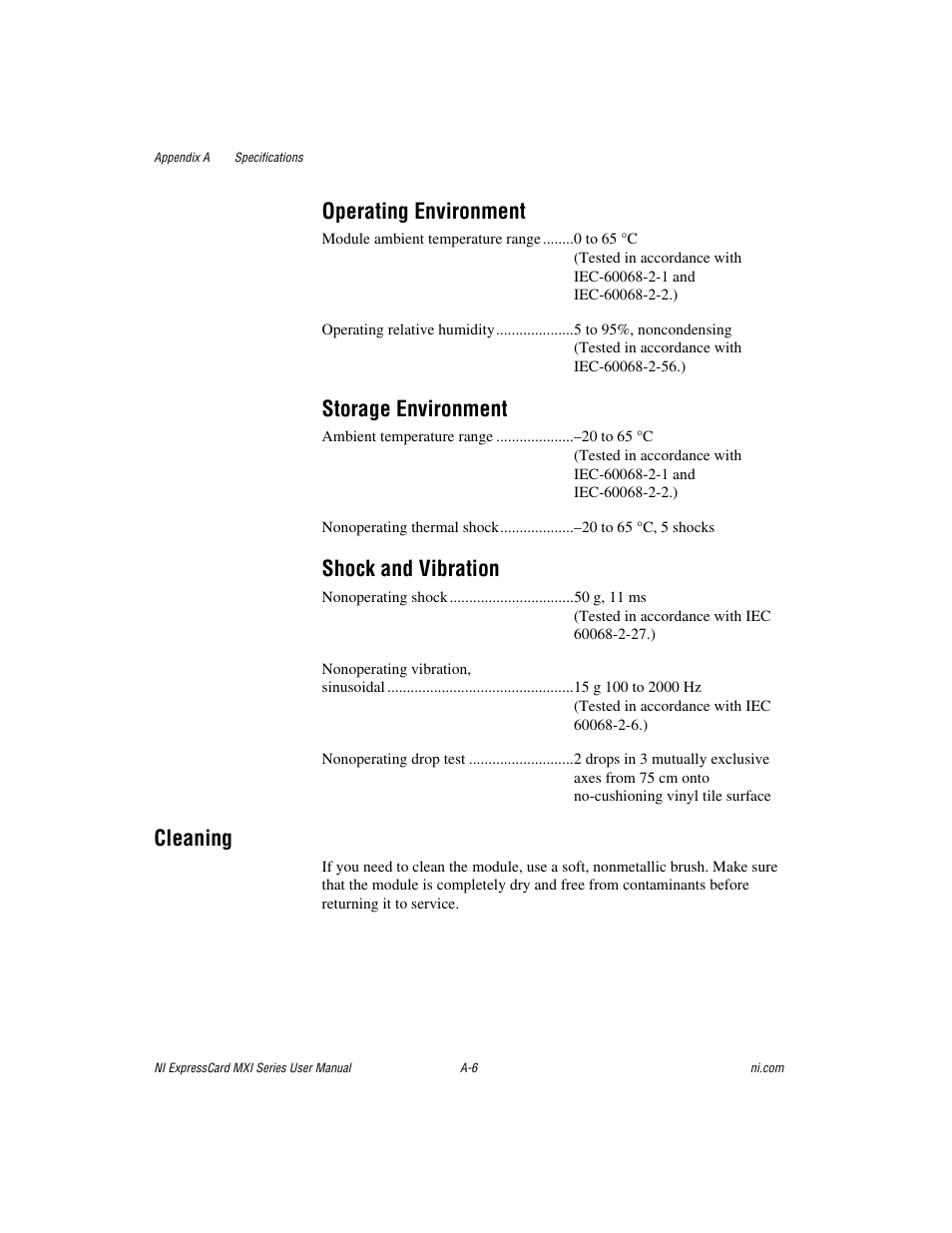 Operating environment, Storage environment, Shock and vibration | Cleaning | National Instruments MXI Series User Manual | Page 26 / 40