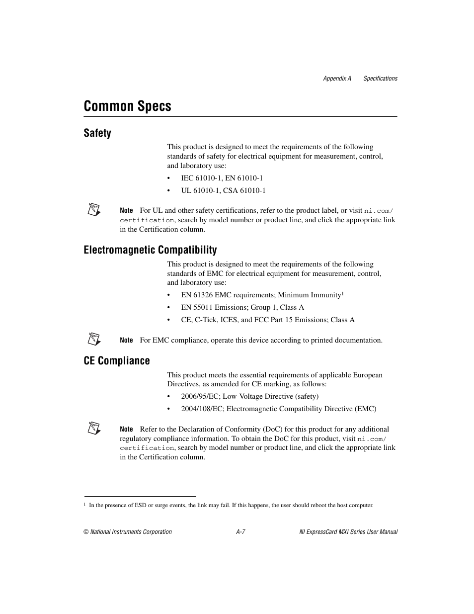 Common specs, Safety, Electromagnetic compatibility | Ce compliance | National Instruments MXI Series User Manual | Page 27 / 40