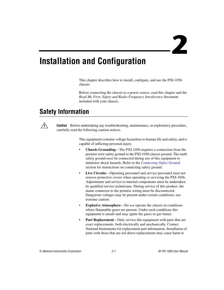 Chapter 2 installation and configuration, Safety information, Safety information -1 | Installation and configuration | National Instruments NI PXI-1056 User Manual | Page 16 / 65