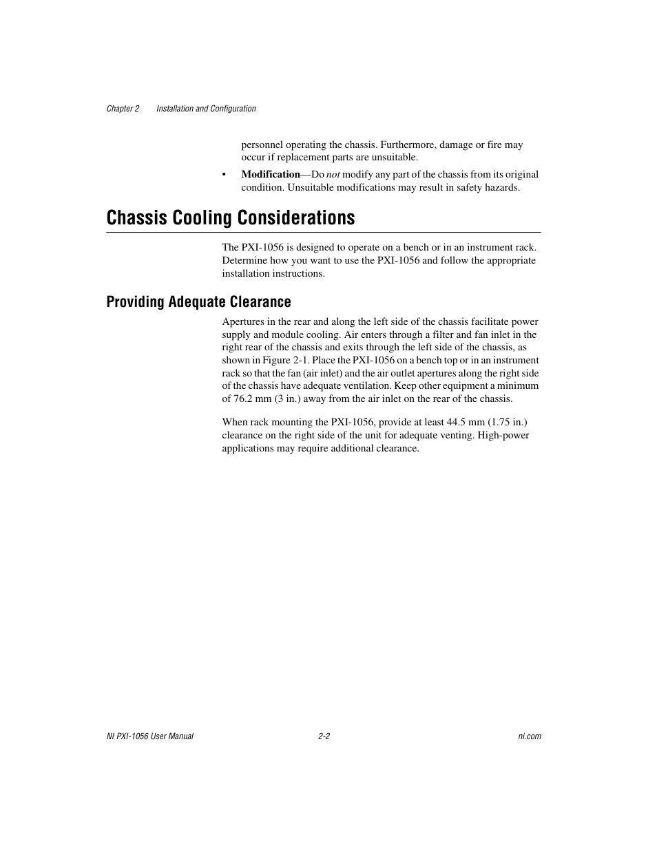 Chassis cooling considerations, Providing adequate clearance, Chassis cooling considerations -2 | Providing adequate clearance -2 | National Instruments NI PXI-1056 User Manual | Page 17 / 65