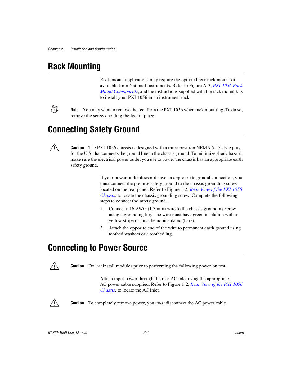 Rack mounting, Connecting safety ground, Connecting to power source | National Instruments NI PXI-1056 User Manual | Page 19 / 65
