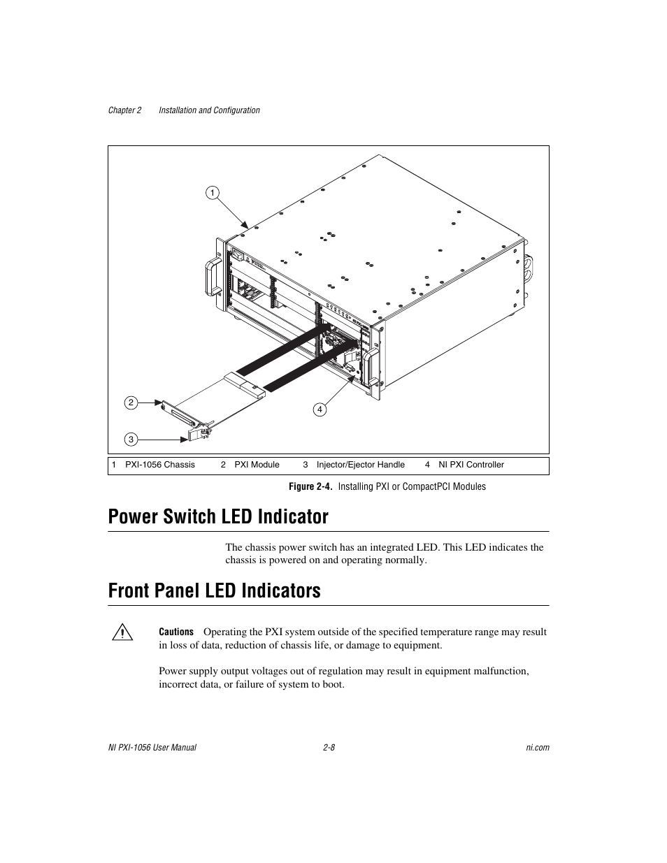 Figure 2-4. installing pxi or compactpci modules, Power switch led indicator, Front panel led indicators | National Instruments NI PXI-1056 User Manual | Page 23 / 65